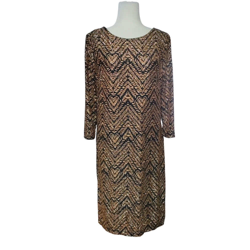 Black Gold Metallic Party Dress Chevron Pattern Long Sleeve Plus Size Size 18‎